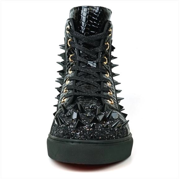 FI-2369 Black Glitter Black Spikes Lace up High top Sneaker Encore by Fiesso